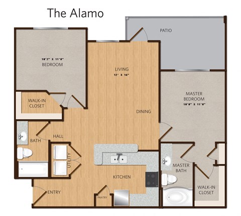 Floor plan for 2 beds, 2 baths, 998 sqft